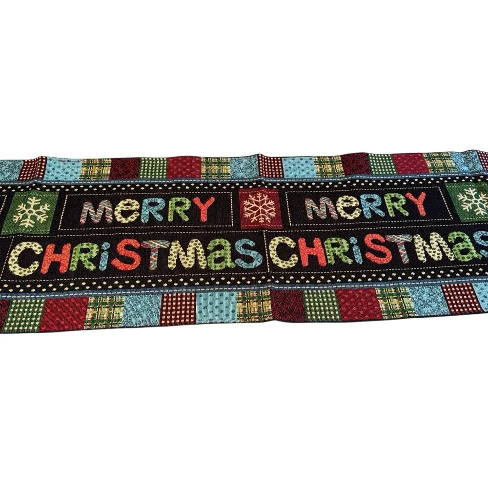 Colorful Merry Christmas Table Runner Tapestry Patchwork Farmhouse Country Chic